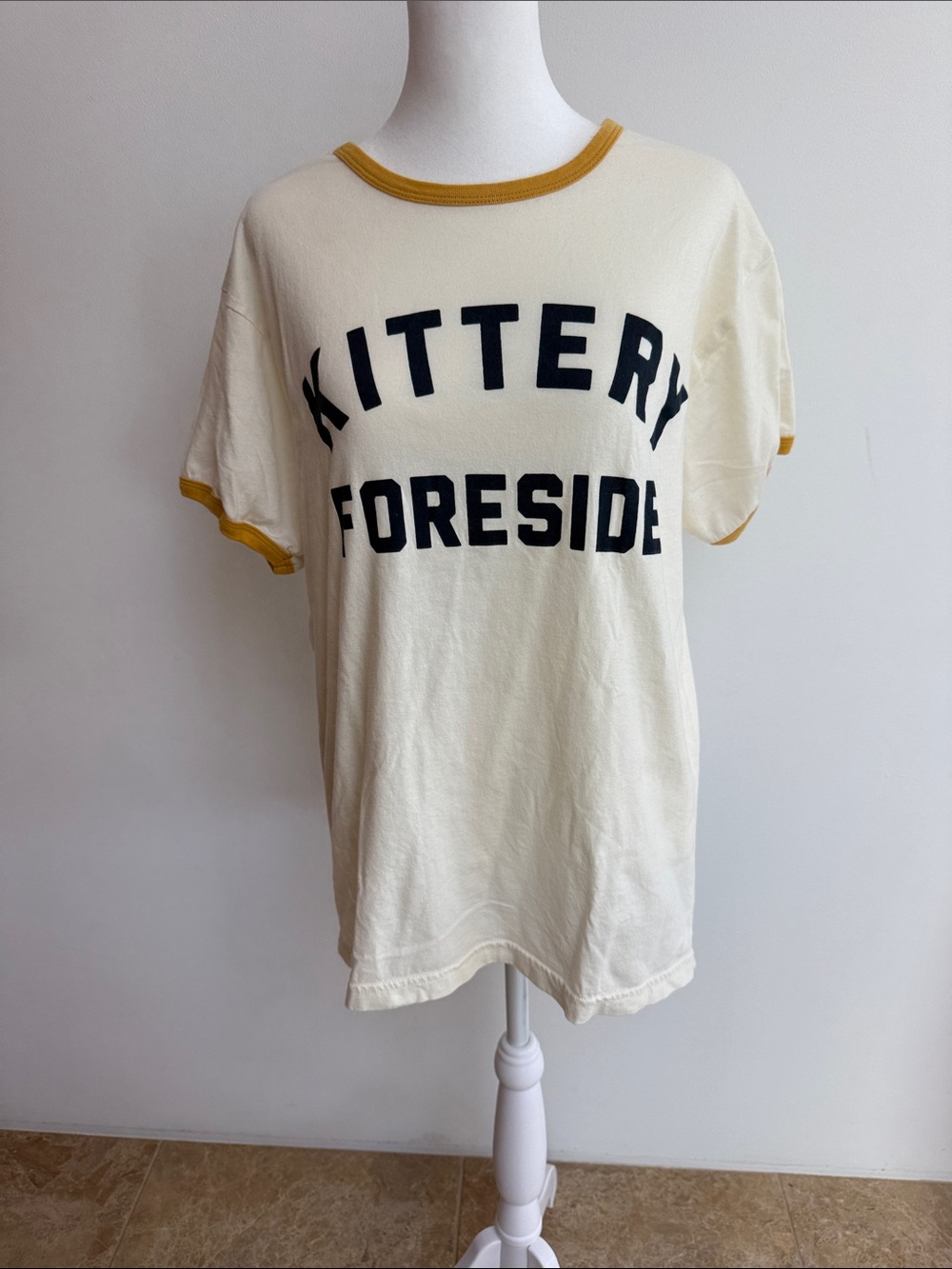 Kittery Foreside Cream Ringer Tee with Mustard Trim and Black Lettering